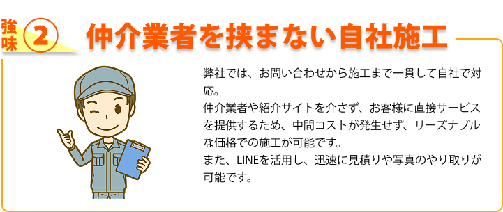 強み② 仲介業者を挟まない自社施工 弊社では、お問い合わせから施工まで一貫して自社で対応。仲介業者や紹介サイトを介さず、お客様に直接サービスを提供するため、中間コストが発生せず、リーズナブルな価格での施工が可能です。また、LINEを活用し、迅速に見積りや写真のやり取りが可能です。