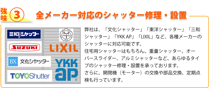 強み③ 全メーカー対応のシャッター修理・設置 弊社は、「文化シャッター」「東洋シャッター」「三和シャッター」「YKK AP」「LIXIL」など、各種メーカーのシャッターに対応可能です。住宅用シャッターはもちろん、重量シャッター、オーバースライダー、アルミシャッターなど、あらゆるタイプのシャッター修理・設置を承っております。さらに、開閉機（モーター）の交換や部品交換、定期点検も行っています。
