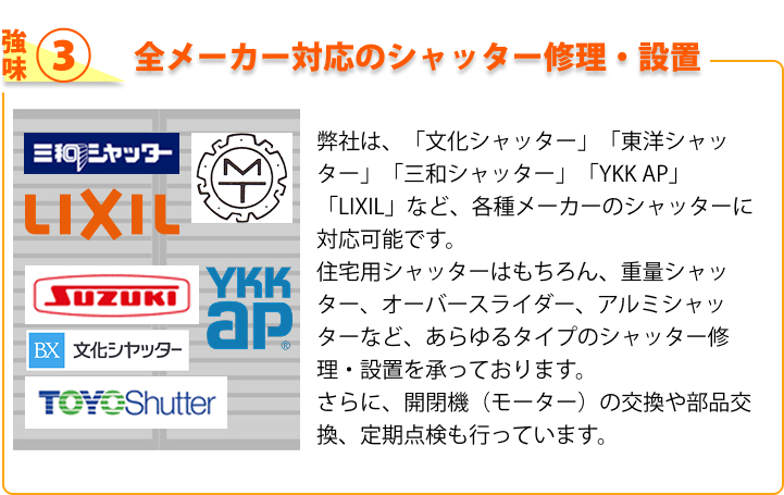 強み③ 全メーカー対応のシャッター修理・設置 弊社は、「文化シャッター」「東洋シャッター」「三和シャッター」「YKK AP」「LIXIL」など、各種メーカーのシャッターに対応可能です。住宅用シャッターはもちろん、重量シャッター、オーバースライダー、アルミシャッターなど、あらゆるタイプのシャッター修理・設置を承っております。さらに、開閉機（モーター）の交換や部品交換、定期点検も行っています。